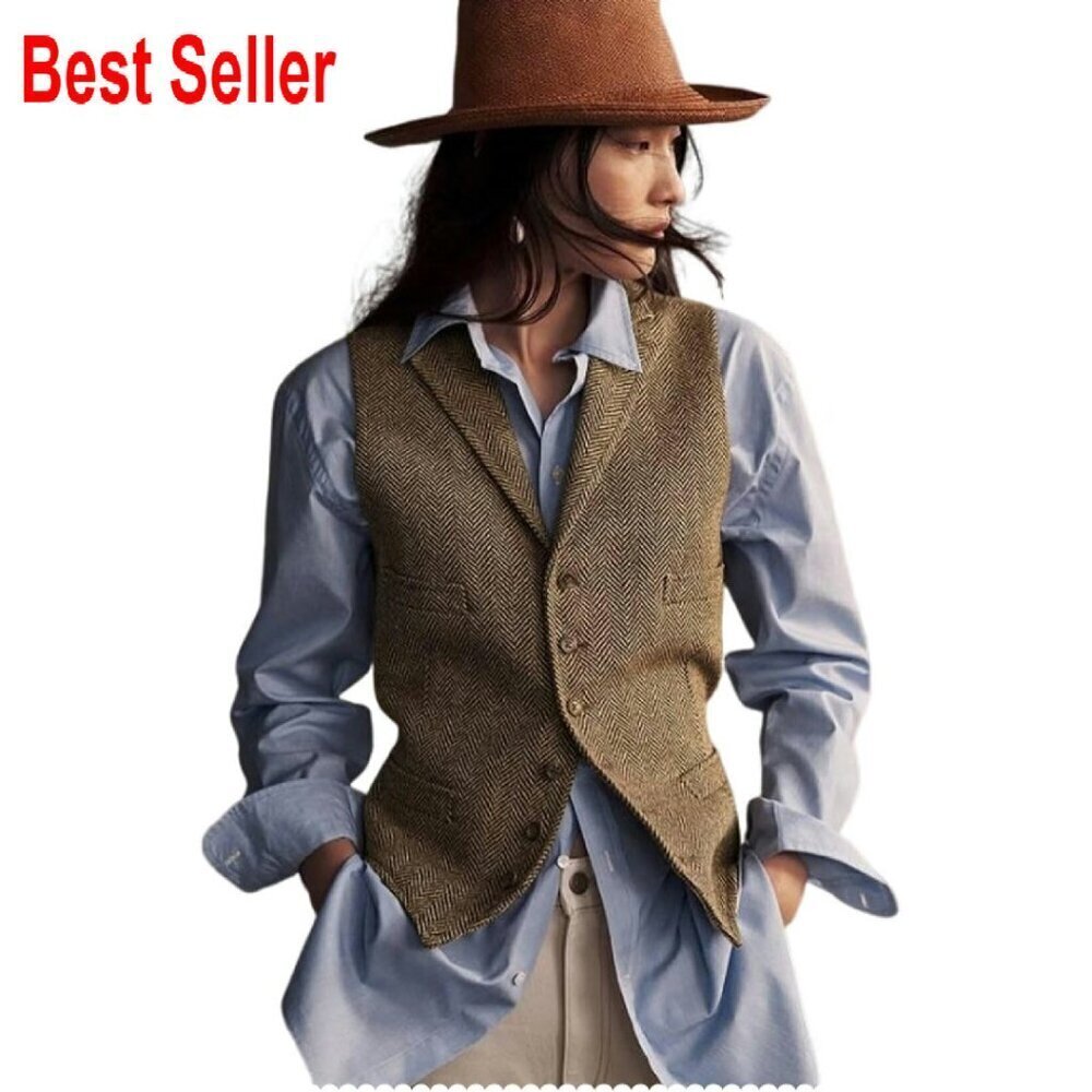 Herringbone Tweed Waistcoat Lapel Sleeveless Blazer Vest Chic Office Wear